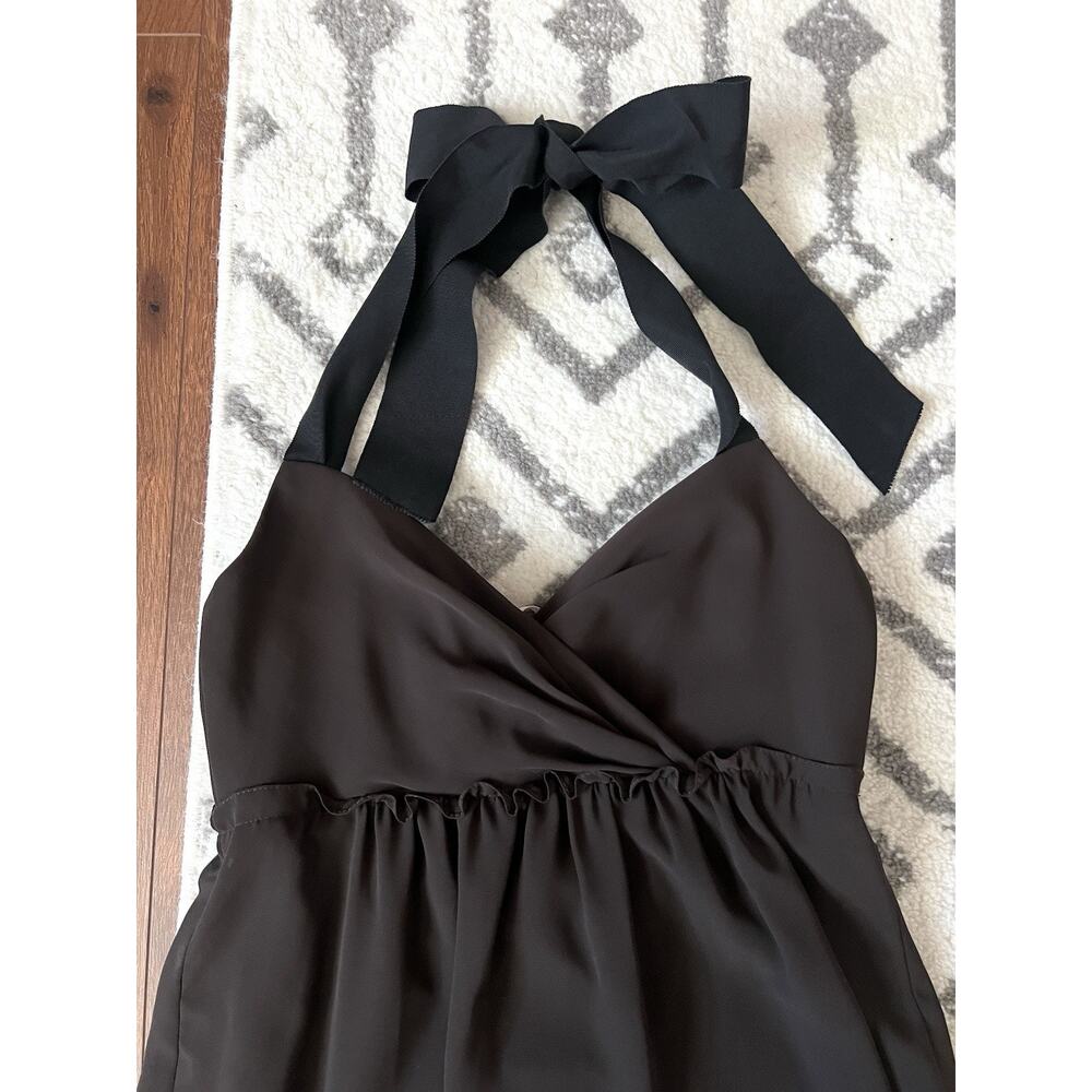 VERA WANG VTG Y2K Brown Chiffon Ruffle Grosgrain Ribbon Neck Babydoll Dress 6 - Picture 11 of 14